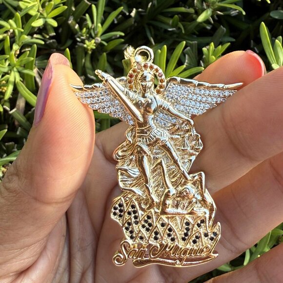 San Miguel St Michael Archangel Bling Crystal Pendant Rope Torch Chain Necklace - Picture 3 of 7